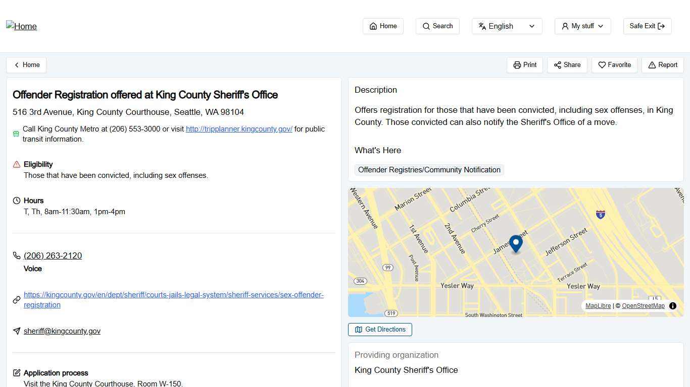 Offender Registration offered at King County Sheriff's Office
