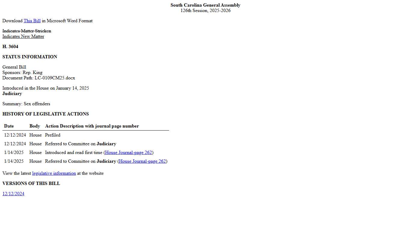 2025-2026 Bill 3604: Sex offenders - South Carolina Legislature Online