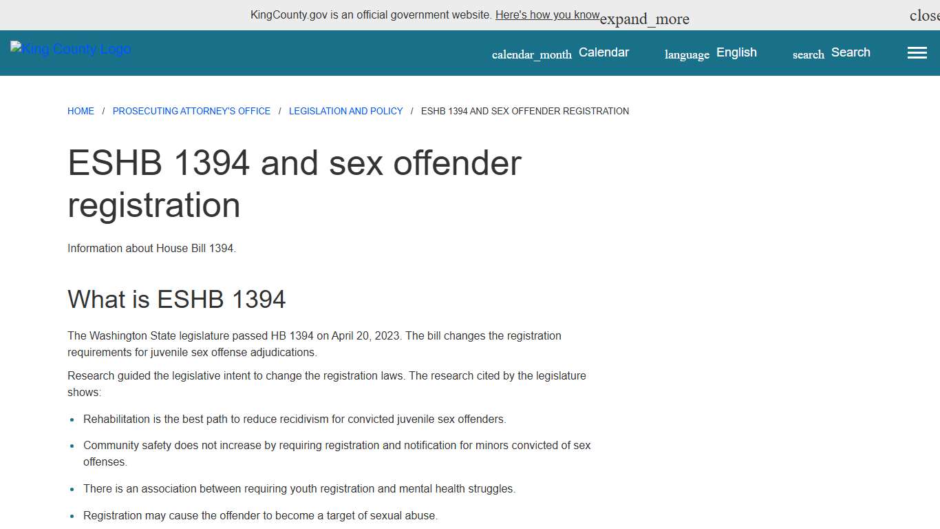ESHB 1394 and sex offender registration - King County, Washington