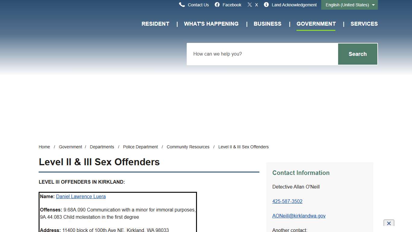 Level II & III Sex Offenders – City of Kirkland